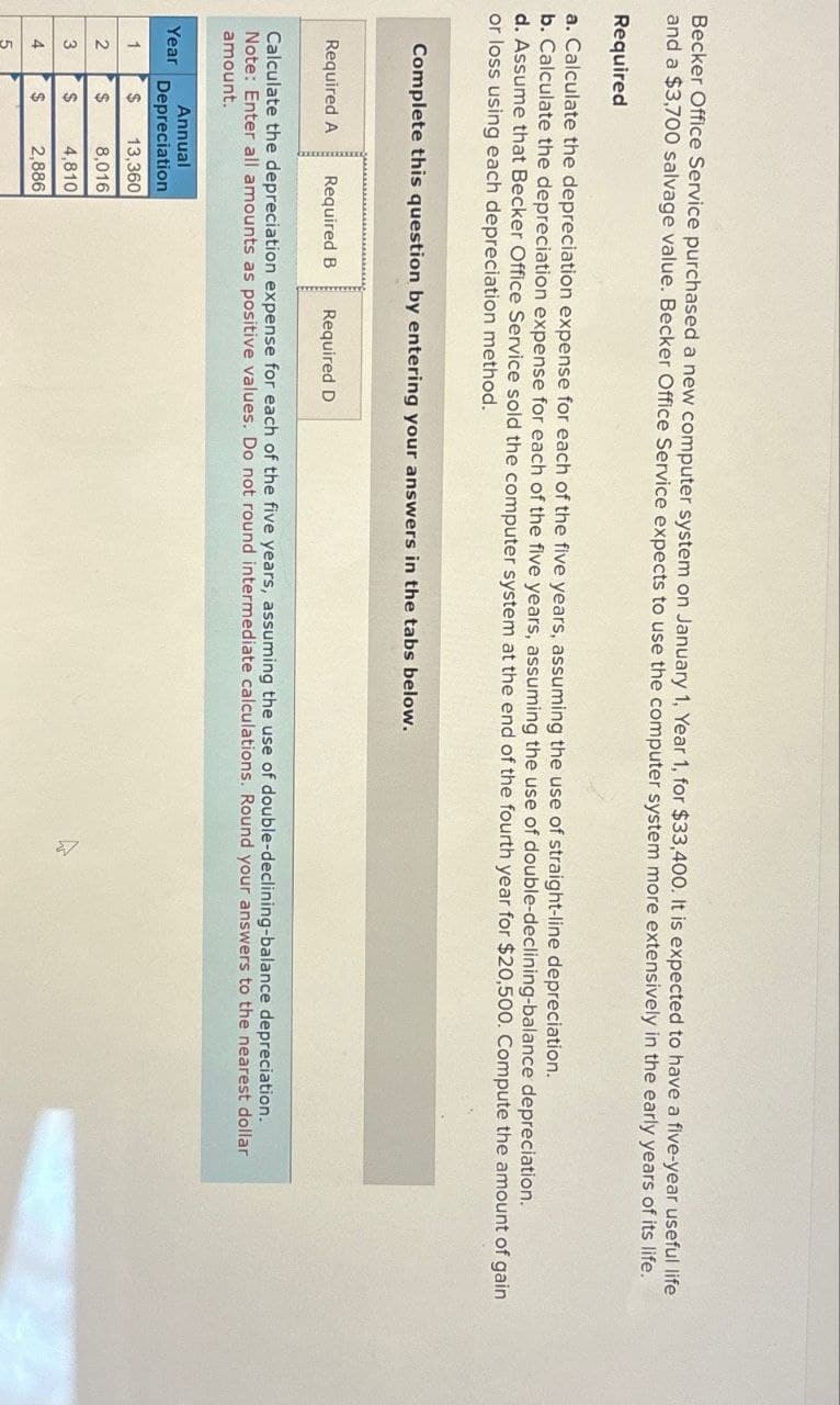 Becker Office Service purchased a new computer system on January 1, Year 1, for $33,400. It is expected to have a five-year useful life
and a $3,700 salvage value. Becker Office Service expects to use the computer system more extensively in the early years of its life.
Required
a. Calculate the depreciation expense for each of the five years, assuming the use of straight-line depreciation.
b. Calculate the depreciation expense for each of the five years, assuming the use of double-declining-balance depreciation.
d. Assume that Becker Office Service sold the computer system at the end of the fourth year for $20,500. Compute the amount of gain
or loss using each depreciation method.
Complete this question by entering your answers in the tabs below.
Required A Required B Required D
Calculate the depreciation expense for each of the five years, assuming the use of double-declining-balance depreciation.
Note: Enter all amounts as positive values. Do not round intermediate calculations. Round your answers to the nearest dollar
amount.
Year
Annual
Depreciation
1
$
13,360
2
$
8,016
3
$
4,810
4
$
2,886
5