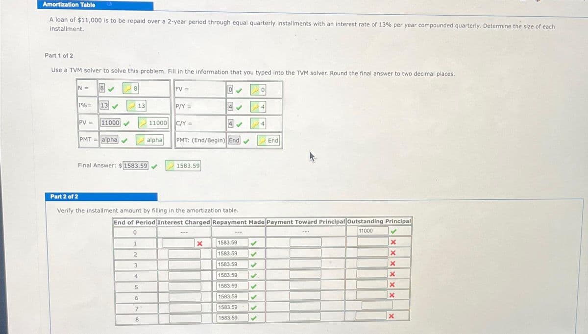Amortization Table
A loan of $11,000 is to be repaid over a 2-year period through equal quarterly installments with an interest rate of 13% per year compounded quarterly. Determine the size of each
installment.
Part 1 of 2
Use a TVM solver to solve this problem. Fill in the information that you typed into the TVM solver. Round the final answer to two decimal places.
N =
1% =
PV =
8 ✔
13
11000
PMT= alpha ✔
8
13
Final Answer: $1583.59
11000
alpha
FV =
P/Y =
C/Y =
1583.59
o
PMT: (End/Begin) End✔
✔
Part 2 of 2
Verify the installment amount by filling in the amortization table.
X
1583.59
1583.59 ✓
1583.59
1583.59 ✔
1583.59 ✔
1583.59
✔
1583.59
1583.59
0
End of Period Interest Charged Repayment Made Payment Toward Principal Outstanding Principal
0
11000
✓
1
x
2
X
3
X
4
X
5
6
7
8
✓
4
End
X
X
X