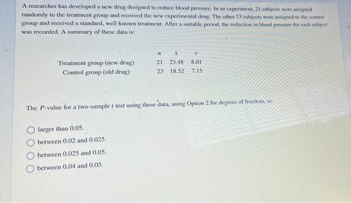 A researcher has developed a new drug designed to reduce blood pressure. In an experiment, 21 subjects were assigned
randomly to the treatment group and received the new experimental drug. The other 23 subjects were assigned to the control
group and received a standard, well-known treatment. After a suitable period, the reduction in blood pressure for each subject
was recorded. A summary of these data is:
n
x
S
Treatment group (new drug)
21
23.48
8.01
Control group (old drug)
23 18.52 7.15
The P-value for a two-sampler test using these data, using Option 2 for degrees of freedom, is:
larger than 0.05.
between 0.02 and 0.025.
between 0.025 and 0.05.
between 0.04 and 0.05.