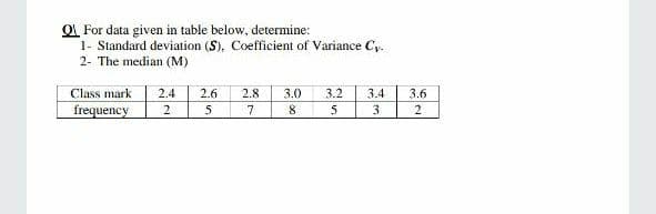 O For data given in table below, determine:
1- Standard deviation (S), Coefficient of Variance Cy.
2- The median (M)
Class mark
2.4
2.6
2.8
3.0
3.2
3.4
3.6
frequency
8
5
7.
5
3.
