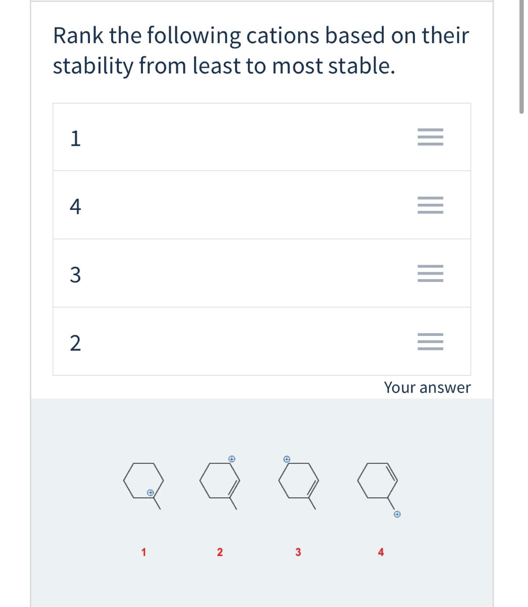 Rank the following cations based on their
stability from least to most stable.
1
4
3
2
Your answer
Q QQ
1
2
3
II
II
