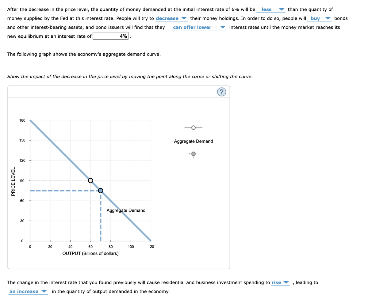 After the decrease in the price level, the quantity of money demanded at the initial interest rate of 6% will be
less
than the quantity of
money supplied by the Fed at this interest rate. People will try to decrease
their money holdings. In order to do so, people will buy
bonds
and other interest-bearing assets, and bond issuers will find that they
can offer lower
interest rates until the money market reaches its
new equilibrium at an interest rate of
4%
The following graph shows the economy's aggregate demand curve.
Show the impact of the decrease in the price level by moving the point along the curve or shifting the curve.
180
150
Aggregate Demand
120
90
60
Aggregate Demand
30
20
40
60
80
100
120
OUTPUT (Billions of dollars)
The change in the interest rate that you found previously will cause residential and business investment spending to rise
, leading to
an increase
in the quantity of output demanded in the economy.
PRICE LEVEL
