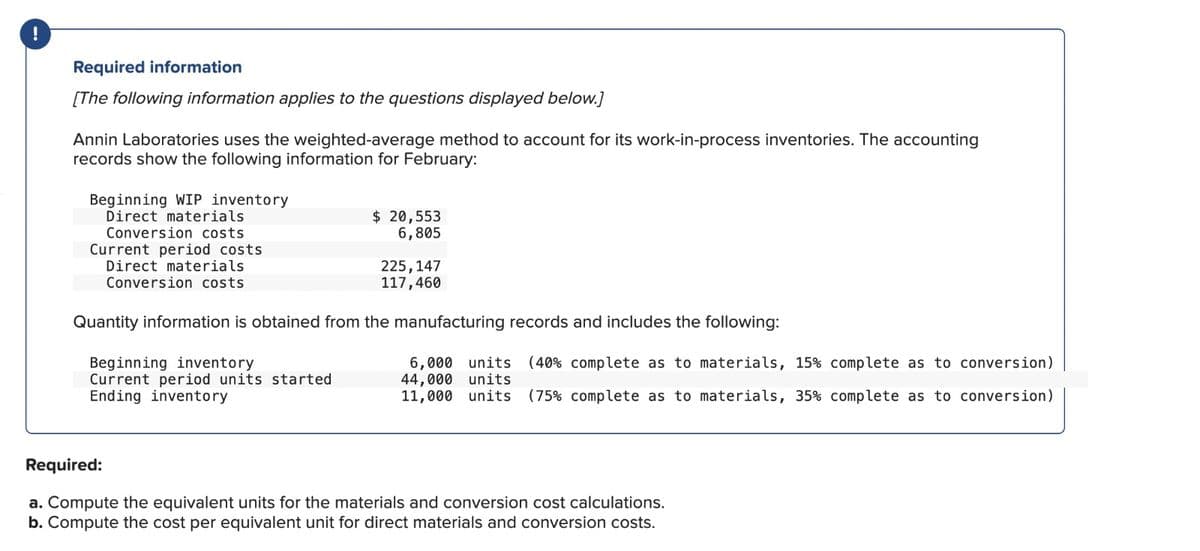 Required information
[The following information applies to the questions displayed below.]
Annin Laboratories uses the weighted-average method to account for its work-in-process inventories. The accounting
records show the following information for February:
Beginning WIP inventory
Direct materials
Conversion costs
Current period costs
Direct materials
Conversion costs
$ 20,553
6,805
Beginning inventory
Current period units started
Ending inventory
225, 147
117,460
Quantity information is obtained from the manufacturing records and includes the following:
6,000 units (40% complete as to materials, 15% complete as to conversion)
44,000 units
11,000 units (75% complete as to materials, 35% complete as to conversion)
Required:
a. Compute the equivalent units for the materials and conversion cost calculations.
b. Compute the cost per equivalent unit for direct materials and conversion costs.