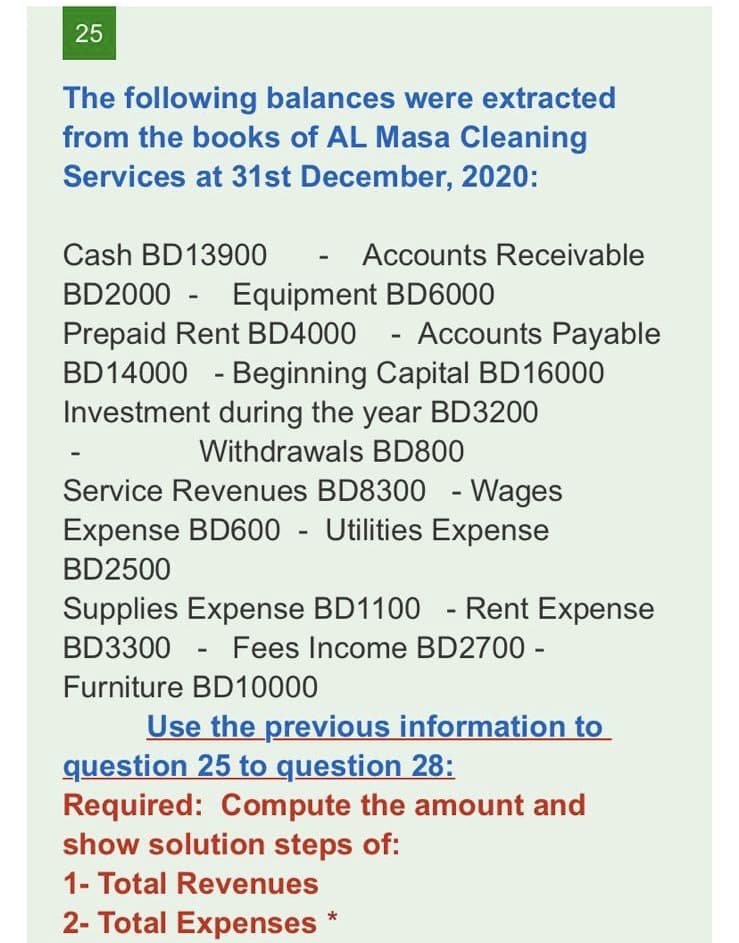 25
The following balances were extracted
from the books of AL Masa Cleaning
Services at 31st December, 2020:
Cash BD13900
-
Accounts Receivable
-
BD2000 Equipment BD6000
Prepaid Rent BD4000 - Accounts Payable
BD14000 - Beginning Capital BD16000
Investment during the year BD3200
Withdrawals BD800
Service Revenues BD8300 - Wages
Expense BD600 - Utilities Expense
BD2500
Supplies Expense BD1100 - Rent Expense
BD3300 Fees Income BD2700 -
Furniture BD10000
-
Use the previous information to
question 25 to question 28:
Required: Compute the amount and
show solution steps of:
1- Total Revenues
2- Total Expenses *