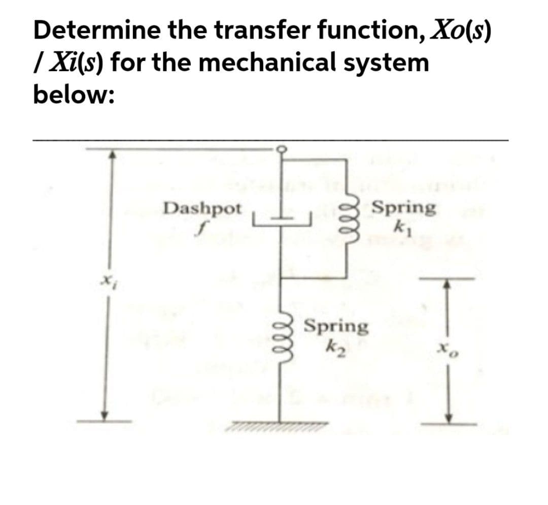 Determine the transfer function, Xo(s)
| Xi(s) for the mechanical system
below:
Dashpot
Spring
Spring
k2
