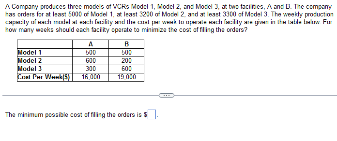 A Company produces three models of VCRS Model 1, Model 2, and Model 3, at two facilities, A and B. The company
has orders for at least 5000 of Model 1, at least 3200 of Model 2, and at least 3300 of Model 3. The weekly production
capacity of each model at each facility and the cost per week to operate each facility are given in the table below. For
how many weeks should each facility operate to minimize the cost of filling the orders?
A
500
Model 1
Model 2
600
Model 3
300
Cost Per Week($) 16,000
B
500
200
600
19,000
The minimum possible cost of filling the orders is $