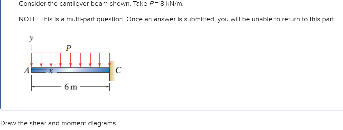 Consider the cantilever beam shown. Take P= 8 kN/m.
NOTE: This is a multi-part question. Once an answer is submitted, you will be unable to return to this part.
P
6m
C
Draw the shear and moment diagrams.