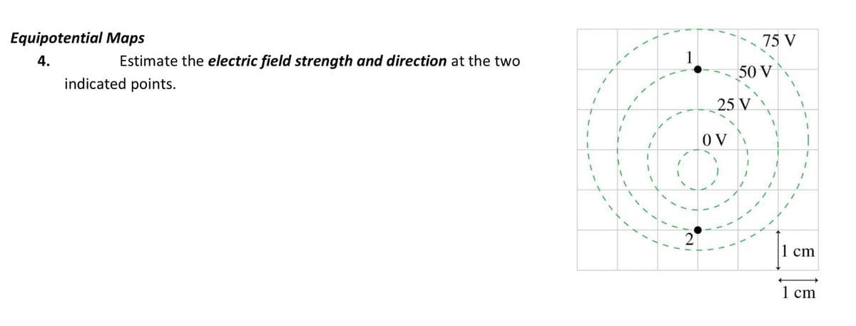 Equipotential Maps
75 V
4.
Estimate the electric field strength and direction at the two
50 V
indicated points.
25 V
OV
1 cm
1 cm
