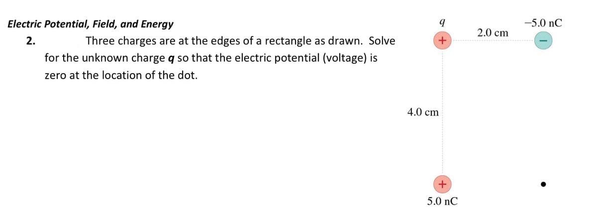 Electric Potential, Field, and Energy
-5.0 nC
2.0 cm
2.
Three charges are at the edges of a rectangle as drawn. Solve
for the unknown charge q so that the electric potential (voltage) is
zero at the location of the dot.
4.0 cm
5.0 nC
