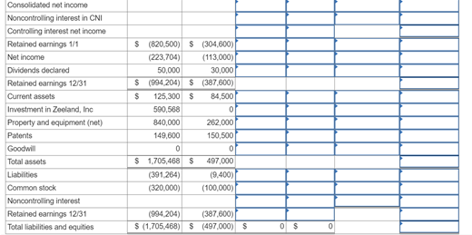 Consolidated net income
Noncontrolling interest in CNI
Controlling interest net income
Retained earnings 1/1
$ (820,500) $ (304,600)
(113,000)
Net income
(223,704)
Dividends declared
50,000
30,000
Retained earnings 12/31
$ (994,204) S (387,600)
Current assets
125,300 $
84,500
Investment in Zeeland, Inc
590,568
Property and equipment (net)
840,000
262,000
Patents
149,600
150,500
Goodwill
Total assets
$ 1,705,468S
497,000
Liabilities
(391.264)
(9,400)
Common stock
(320,000)
(100,000)
Noncontrolling interest
(994,204)
$ (1,705,468) S (497,000) $
Retained earnings 12/31
(387,600)
Total liabilities and equities
