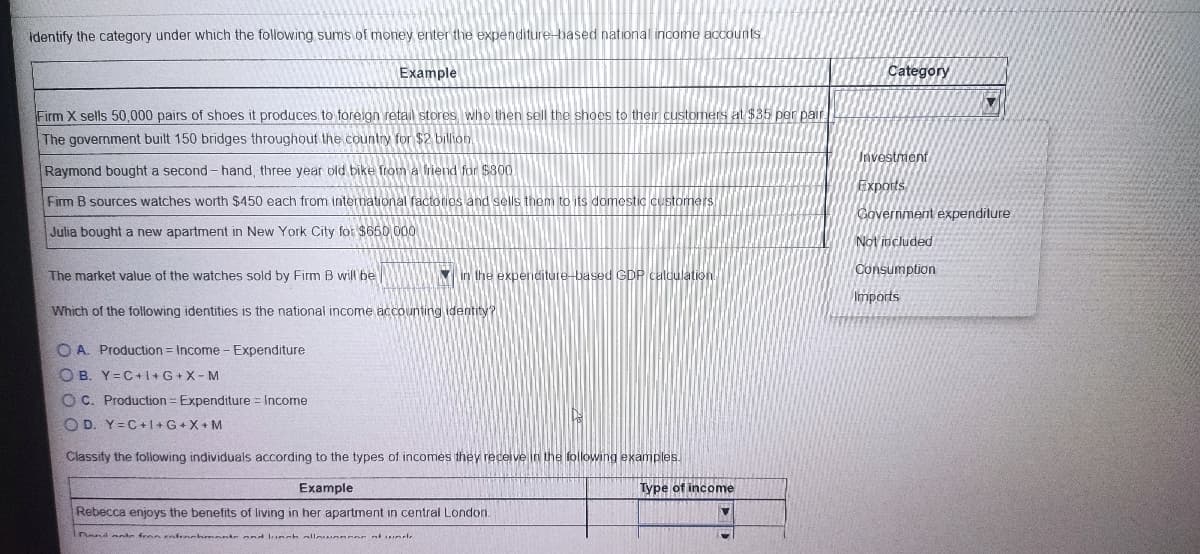 identify the category under which the following sums of money enter the expenditure-based national income accounts.
Example
Category
Firm X sells 50,000 pairs of shoes it produces to foreign retail stores, who then sell the shoes to their customers at $35 per pair.
The government built 150 bridges throughout the country for $2 billion
Investment
Raymond bought a second - hand, three year old bike from a friend for $300
Exports
Firm B sources watches worth $450 each from international factories and sells them to its domestic Customers
Government expenditure
Julia bought a new apartment in New York City for $650 000
Not included
The market value of the watches sold by Firm B will be
Min the expenditure-based GDP calculation.
Consumption
Imports
Which of the following identities is the national income accounting identity?
O A. Production = Income - Expenditure
O B. Y=C+1+G+X- M
O C. Production = Expenditure = Income
O D. Y=C+ +G+X+ M
Classify the following individuals according to the types of incomes they receive in the following examples.
Example
Type of income
Rebecca enjoys the benefits of living in her apartment in central London.
