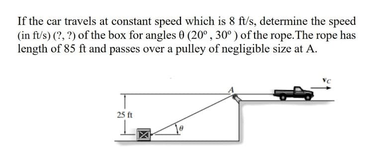 If the car travels at constant speed which is 8 ft/s, determine the speed
(in ft/s) (?, ?) of the box for angles 0 (20°, 30° ) of the rope.The rope has
length of 85 ft and passes over a pulley of negligible size at A.
25 ft
