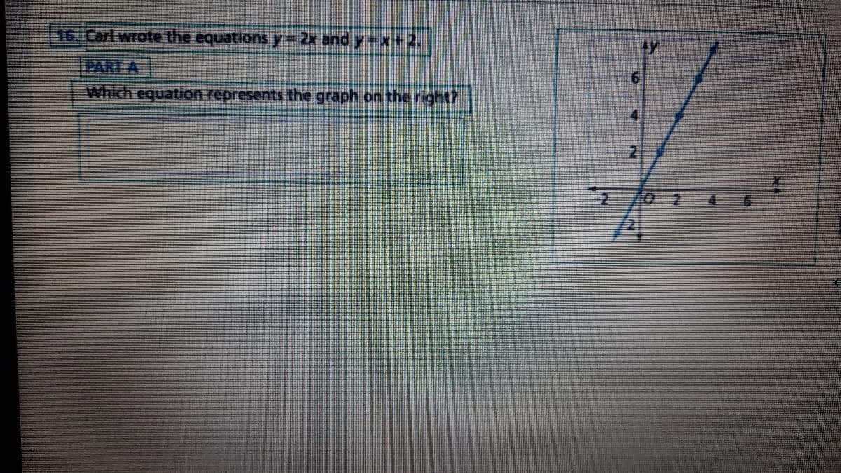 16. Carl wrote the equations y=2x and y x+2.
PART A
Which equation represents the graph on the right?
