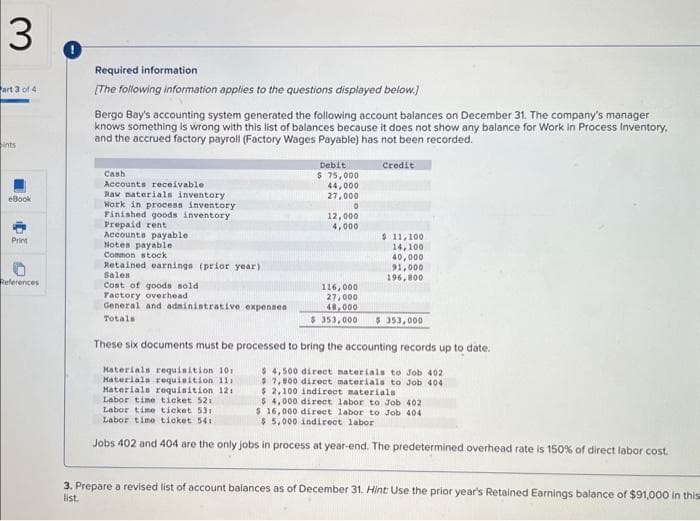 3
art 3 of 4
ints
eBook
Print
References
Required information
[The following information applies to the questions displayed below.]
Bergo Bay's accounting system generated the following account balances on December 31. The company's manager
knows something is wrong with this list of balances because it does not show any balance for Work in Process Inventory.
and the accrued factory payroll (Factory Wages Payable) has not been recorded.
Cash
Accounts receivable
Raw materials inventory
Work in process inventory
Finished goods inventory
Prepaid rent
Accounts payable
Notes payable
Common stock
Retained earnings (prior year)
Sales
Cost of goods sold
Factory overhead
General and administrative expenses
Totals
Debit
$ 75,000
44,000
27,000
0
12,000
4,000
116,000
27,000
48,000
$ 353,000
Credit
$11,100
14,100
40,000
91,000
196,800
$ 353,000
These six documents must be processed to bring the accounting records up to date.
Materials requisition 101
Materials requisition 111
Materials requisition 12:
Labor time ticket 52:
$ 4,500 direct materials to Job 402
$7,800 direct materials to Job 404
$2,100 indirect materials
$ 4,000 direct labor to Job 402
Labor time ticket 531
Labor time ticket 54:
$ 16,000 direct labor to Job 404
$5,000 indirect labor
Jobs 402 and 404 are the only jobs in process at year-end. The predetermined overhead rate is 150% of direct labor cost.
3. Prepare a revised list of account balances as of December 31. Hint: Use the prior year's Retained Earnings balance of $91,000 in this
list.