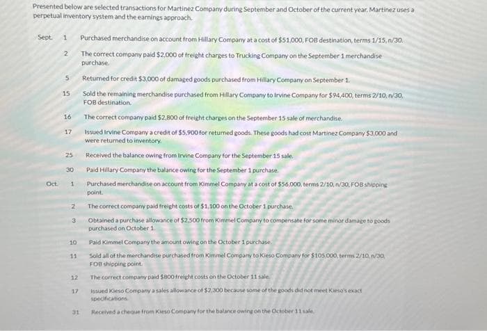 Presented below are selected transactions for Martinez Company during September and October of the current year. Martinez uses a
perpetual inventory system and the earnings approach.
Sept. 1 Purchased merchandise on account from Hillary Company at a cost of $51,000, FOB destination, terms 1/15, n/30.
The correct company paid $2,000 of freight charges to Trucking Company on the September 1 merchandise
purchase.
Oct.
2
15
16
17
25
30
1
2
3
10
11
12
17
31
Returned for credit $3,000 of damaged goods purchased from Hillary Company on September 1.
Sold the remaining merchandise purchased from Hillary Company to Irvine Company for $94,400, terms 2/10, n/30,
FOB destination.
The correct company paid $2,800 of freight charges on the September 15 sale of merchandise.
Issued Irvine Company a credit of $5,900 for returned goods. These goods had cost Martinez Company $3,000 and
were returned to inventory.
Received the balance owing from Irvine Company for the September 15 sale.
Paid Hillary Company the balance owing for the September 1 purchase.
Purchased merchandise on account from Kimmel Company at a cost of $56,000, terms 2/10, n/30, FOB shipping
point.
The correct company paid freight costs of $1,100 on the October 1 purchase.
Obtained a purchase allowance of $2.500 from Kimmel Company to compensate for some minor damage to goods
purchased on October 1
Paid Kimmel Company the amount owing on the October 1 purchase.
Sold all of the merchandise purchased from Kimmel Company to Kieso Company for $105,000, terms 2/10, r/30,
FOB shipping point.
The correct company paid $800 freight costs on the October 11 sale
Issued Kieso Company a sales allowance of $2,300 because some of the goods did not meet Kirso's exact
specifications
Received a cheque from Kieso Company for the balance owing on the October 11 sale