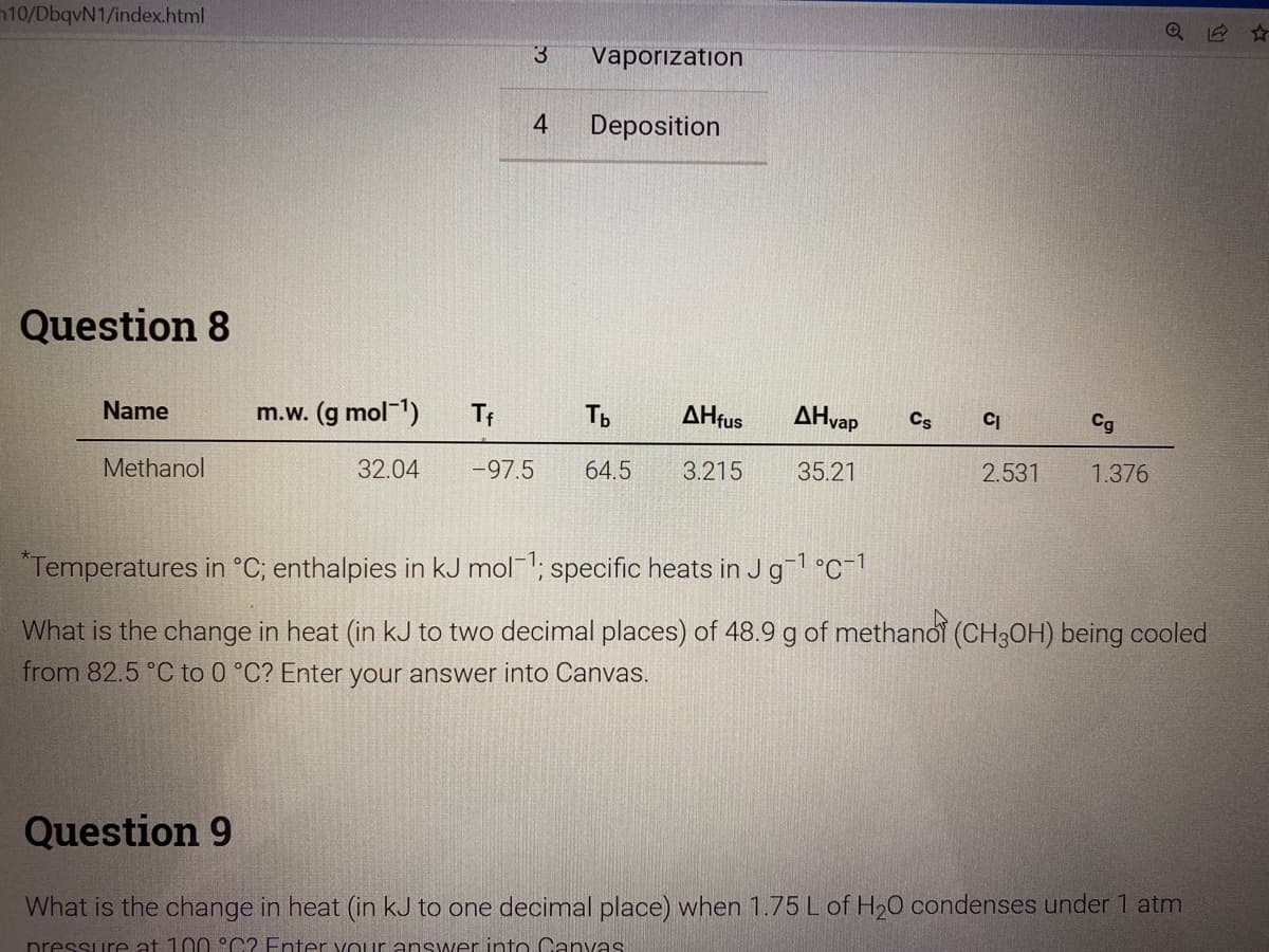 10/DbqvN1/index.html
3.
Vaporization
4
Deposition
Question 8
Name
m.w. (g mol1)
Tf
Ть
AHfus
AHvap
Cs
Cg
Methanol
32.04
-97.5
64.5
3.215
35.21
2.531
1.376
"Temperatures in °C; enthalpies in kJ mol1; specific heats in J g1 °C-1
What is the change in heat (in kJ to two decimal places) of 48.9 g of methanoi (CH3OH) being cooled
from 82.5 °C to 0 °C? Enter your answer into Canvas.
Question 9
What is the change in heat (in kJ to one decimal place) when 1.75 L of H20 condenses under 1 atm
pressure at 100 °C? Enter vour answer into Canvas
