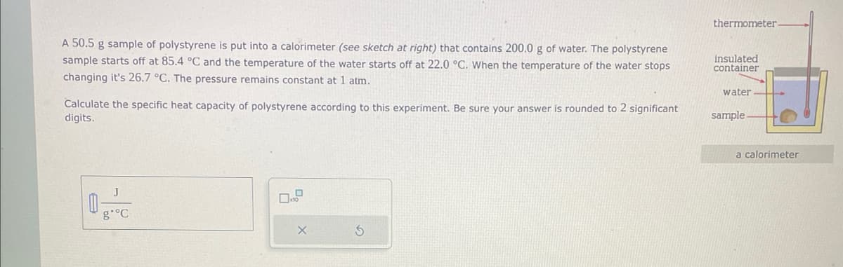 A 50.5 g sample of polystyrene is put into a calorimeter (see sketch at right) that contains 200.0 g of water. The polystyrene
sample starts off at 85.4 °C and the temperature of the water starts off at 22.0 °C. When the temperature of the water stops
changing it's 26.7 °C. The pressure remains constant at 1 atm.
Calculate the specific heat capacity of polystyrene according to this experiment. Be sure your answer is rounded to 2 significant
digits.
0-
J
g*°C
Ś
thermometer.
insulated
container
water
sample
a calorimeter