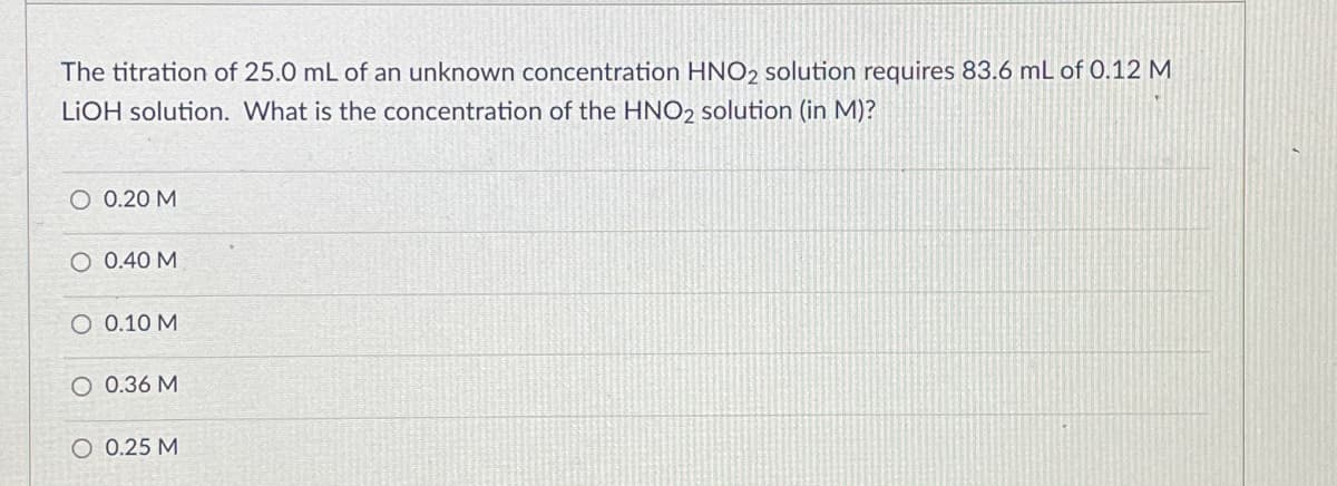 The titration of 25.0 mL of an unknown concentration HNO2 solution requires 83.6 mL of 0.12 M
LIOH solution. What is the concentration of the HNO2 solution (in M)?
O 0.20 M
O 0.40 M
0.10 M
O 0.36 M
O 0.25 M