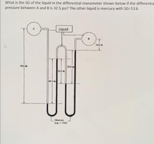 What is the SG of the liquid in the differential manometer shown below if the differentia
pressure between A and B is 32.5 psi? The other liquid is mercury with SG-13.6.
Liquid
D-14)