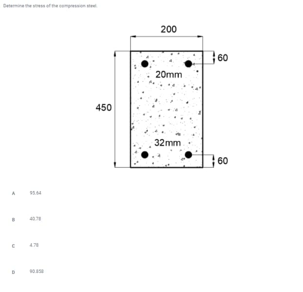 Determine the stress of the compression steel.
200
60
20mm
450
32 mm
60
A
95.64
B
40.78
4.78
90.858
