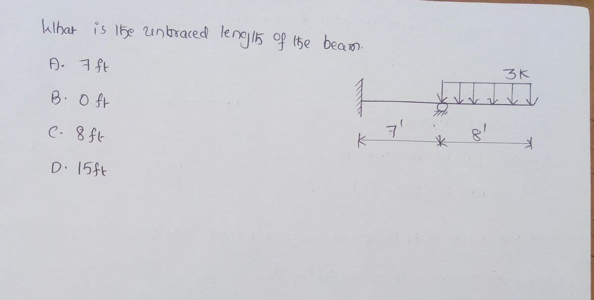 kthat is the unbraced length of the beam.
A. 7 ft
B. Oft
C- 8ft
D. 15ft
'7'
*
✓
Y
81
3K