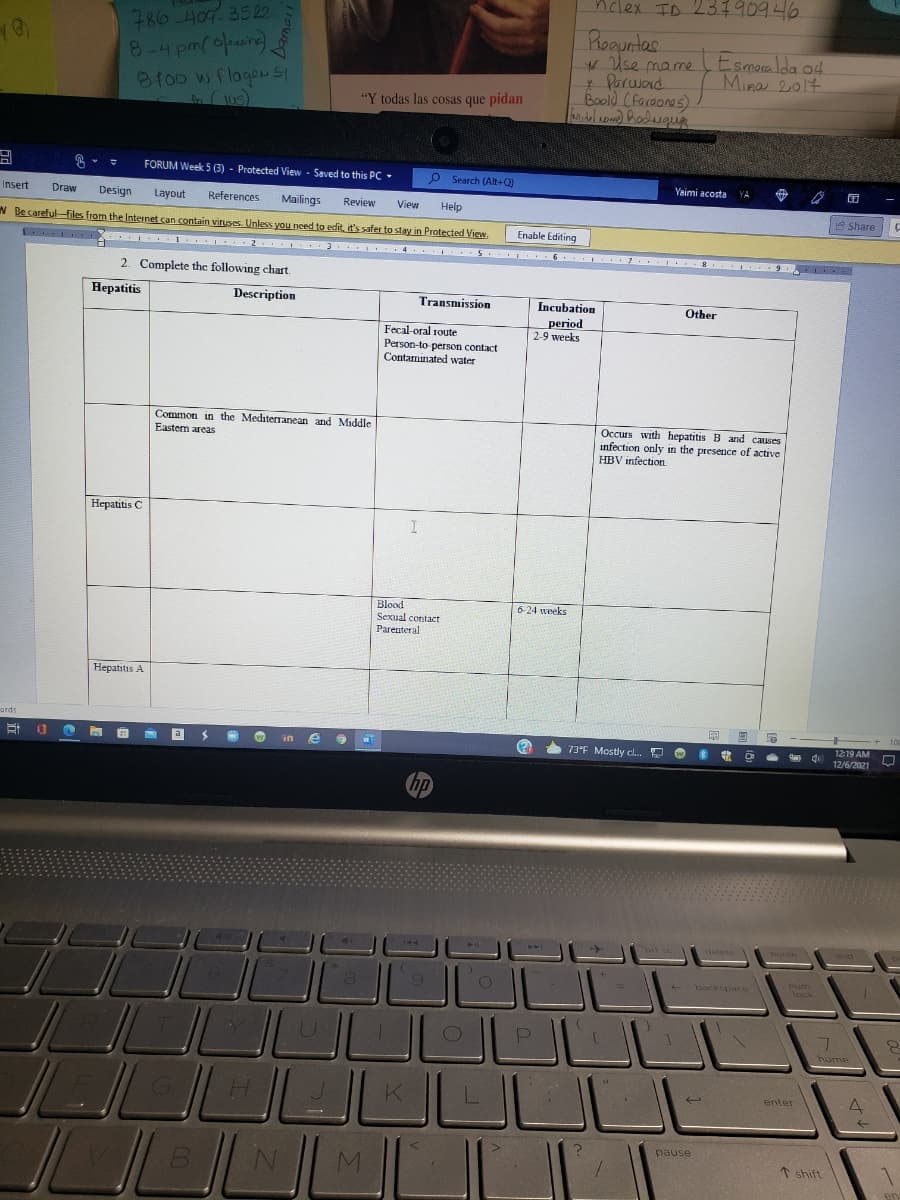 nclex TD 23190946
786 407.352
8-4 pm(0/cng)
Proquntas
Use mame
* Parwaid
Boold (faraonos)
Esmaralda o4
Mine 201t
8100 w flagou S
n (105)
"Y todas las cosas que pidan
FORUM Week 5 (3) - Protected View - Saved to this PC -
O Search (Alt+Q)
Yaimi acosta
YA
Insert
Draw
Design
Layout
References
Mailings
Review
View
Help
8 Share
N Becareful-fFiles from the Internet can contain viruses. Unless you need to edit, it's safer to stay in Protected View
Enable Editing
1 1 | 2 3 4 S 6 7. 8 I 9
2. Complete the following chart.
Нерatitis
Description
Incubation
period
2-9 weeks
Transmission
Other
Fecal-oral route
Person-to person contact
Contaminated water
Common in the Mediterranean and Middle
Eastem areas
Occurs with hepatitis B and causes
infection only in the presence of active
HBV infection.
Hepatitis C
Blood
Sexual contact
6-24 weeks
Parenteral
Hepatitis A
a
73°F Mostly cl.
1219 AM
12/6/2021
A di
LL
LLL
home
4.
enter
pause
M
1 shift

