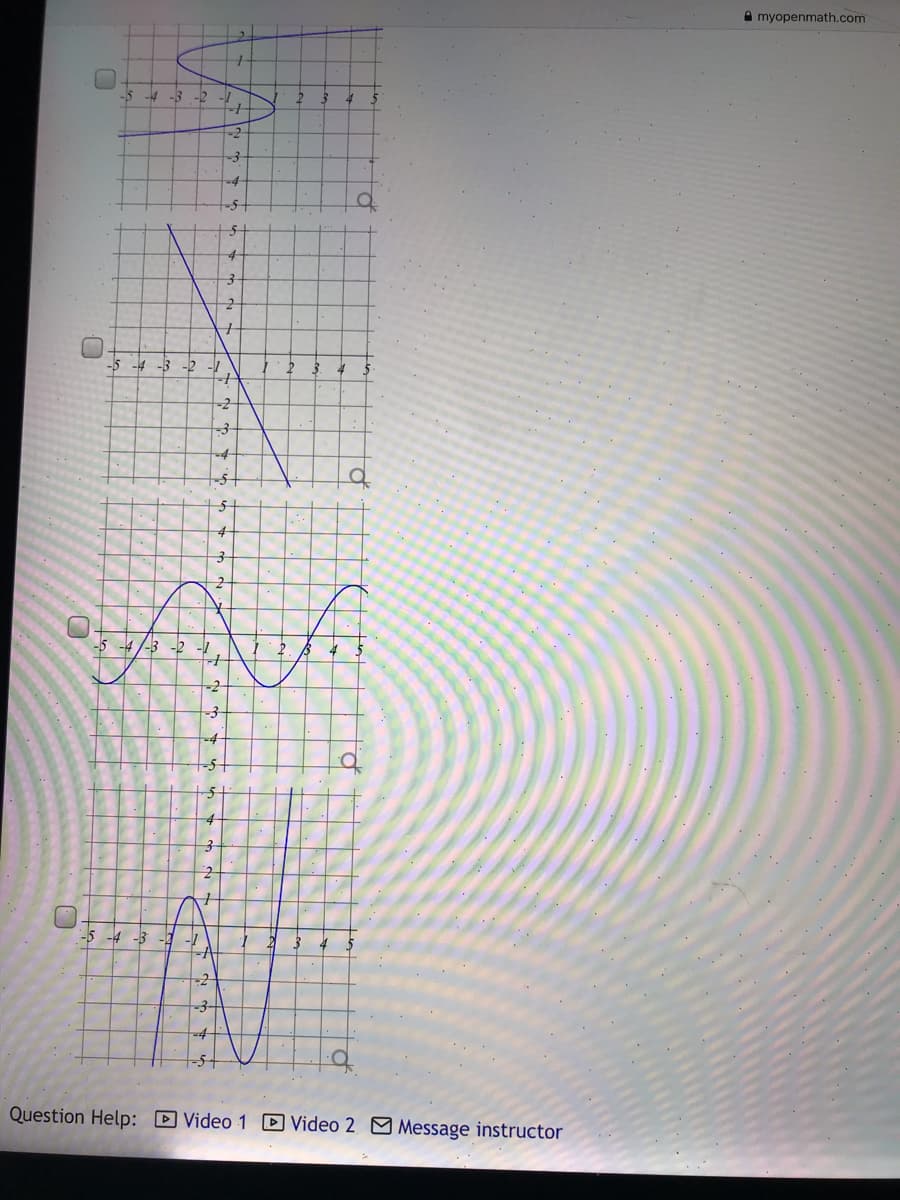 A myopenmath.com
-5
-4
-2
-5 -4 -3
-2 -
-2
4
-5
-4 /-3 -2 -I
-2
-4
-5 -4 -3 -
4
Question Help: D Video 1 D Video 2 M Message instructor
