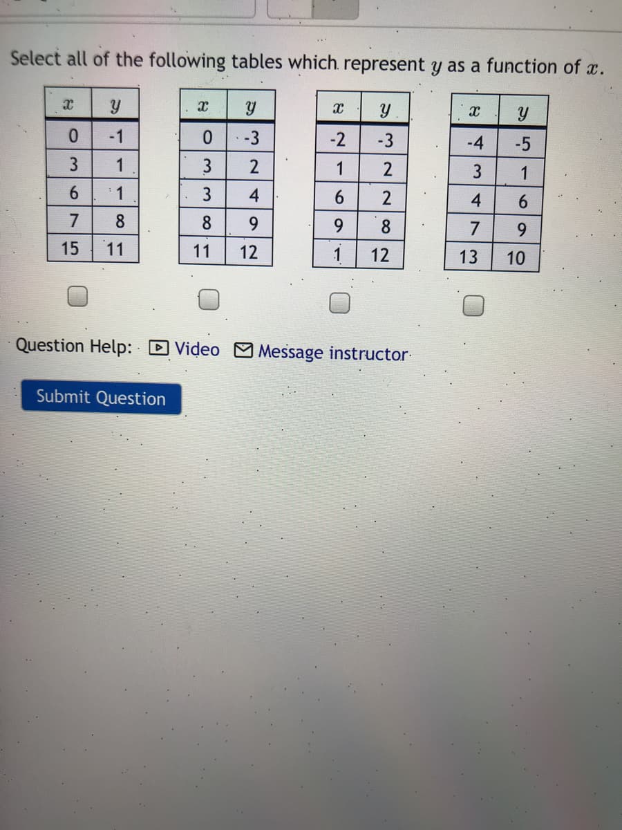 Select all of the following tables which. represent y as a function of x.
0.
-1
-3
-2
-3
-4
-5
1
3
1
3
1
6.
1
3
2
4
7
8
8
9.
8.
7
9.
15
11
11
12
1
12
13
10
Question Help: D Video
Message instructor-
Submit Question
69
4-
