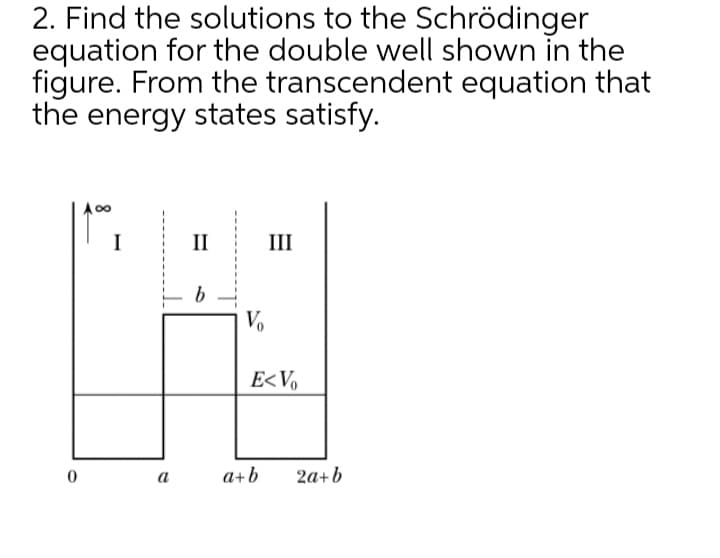 2. Find the solutions to the Schrödinger
equation for the double well shown in the
figure. From the transcendent equation that
the energy states satisfy.
I
II
III
Vo
E<Vo
а
a+b
2a+b
%3D
