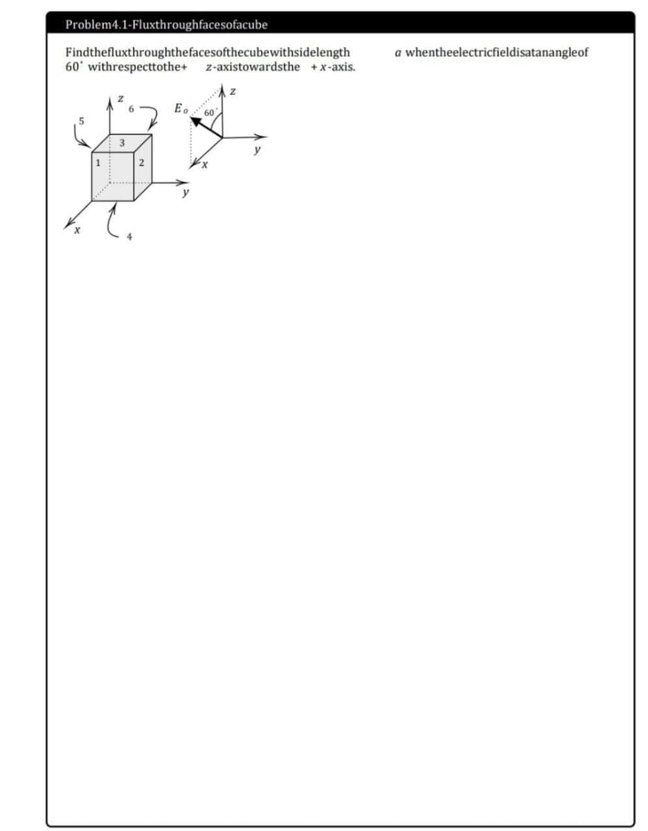 Problem4.1-Fluxthroughfacesofacube
a whentheelectricfieldisatanangleof
Findthefluxthroughthefacesofthecubewithsidelength
60' withrespecttothe+
z-axistowardsthe +x-axis.
6.
E.
60
3
1
y
