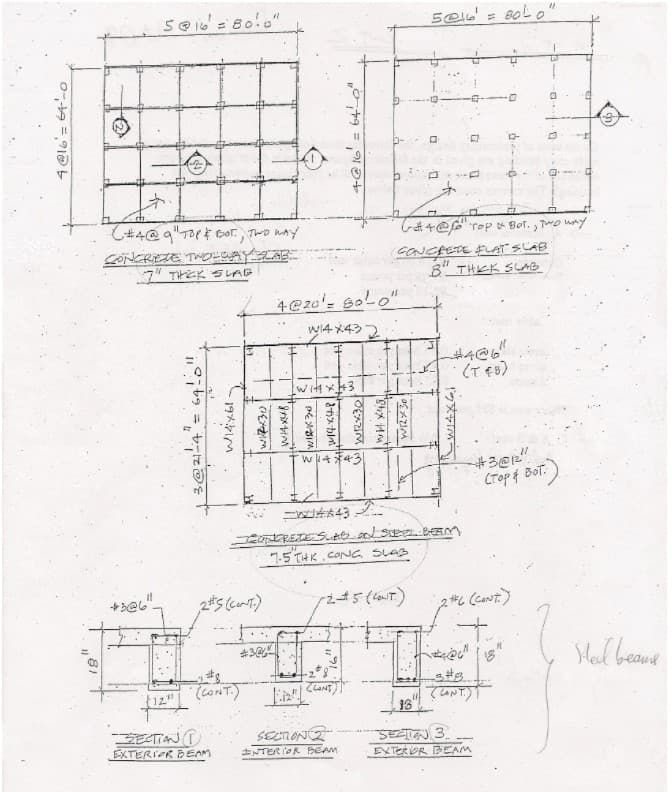 BOLO"
しま4@a"arキ Cor, Two んy
CONCREZE TWO-EAYLAR
7" THとちレAD
Gt +@"rop Bot., Two wny
CONCFETE FLAT SLAB
B" THKK SLAB
4@20'= soLo"
WIA X43 2
#4@6
w14 F43
3@に
CTop 4 BoT.
7-5 THK.CONC SLAB
#3e
SMal beaue
(12"
(CONT)
てaTT
SECTION2
EXTERIOR B EAM
NTER IOR BEAM
EXTEROR BEAM
っ文
メA
T'hメ M
丈.
メTカスカ
4 @16= 64-0
