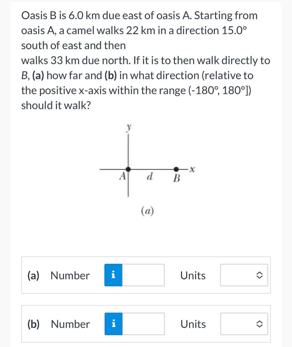 Oasis B is 6.0 km due east of oasis A. Starting from
oasis A, a camel walks 22 km in a direction 15.0°
south of east and then
walks 33 km due north. If it is to then walk directly to
B, (a) how far and (b) in what direction (relative to
the positive x-axis within the range (-180°, 180°])
should it walk?
(a) Number
M.
(b) Number i
y
A
d
(a)
B
x
Units
Units