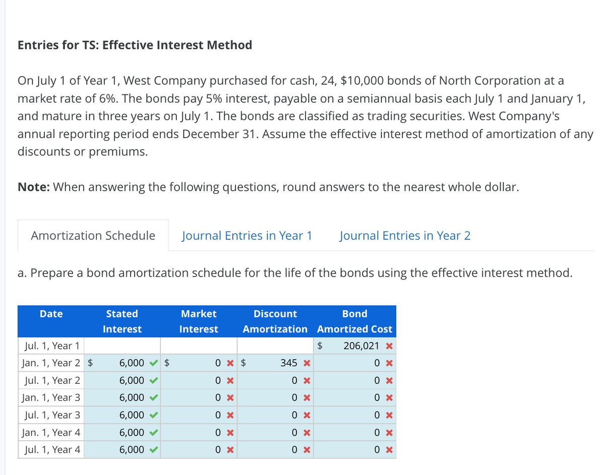 Entries for TS: Effective Interest Method
On July 1 of Year 1, West Company purchased for cash, 24, $10,000 bonds of North Corporation at a
market rate of 6%. The bonds pay 5% interest, payable on a semiannual basis each July 1 and January 1,
and mature in three years on July 1. The bonds are classified as trading securities. West Company's
annual reporting period ends December 31. Assume the effective interest method of amortization of any
discounts or premiums.
Note: When answering the following questions, round answers to the nearest whole dollar.
Amortization Schedule Journal Entries in Year 1
a. Prepare a bond amortization schedule for the life of the bonds using the effective interest method.
Date
Jul. 1, Year 1
Jan. 1, Year 2 $
Jul. 1, Year 2
Jan. 1, Year 3
Jul. 1, Year 3
Jan. 1, Year 4
Jul. 1, Year 4
Stated
Interest
6,000
6,000
6,000 ✓
6,000
6,000 ✓
6,000
$
Market
Interest
Discount
Amortization
0 x $
0 x
0 x
0 x
0 x
0 x
345 x
0 x
0 x
0 x
0 x
0 x
Journal Entries in Year 2
Bond
Amortized Cost
206,021 *
0 x
$
0 x
0 x
0 x
0 x
0 x