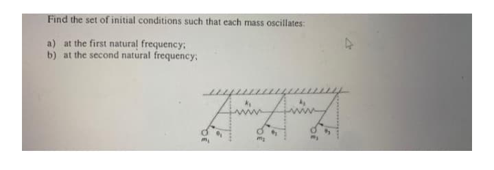 Find the set of initial conditions such that each mass oscillates:
a) at the first natural frequency;
b) at the second natural frequency;
