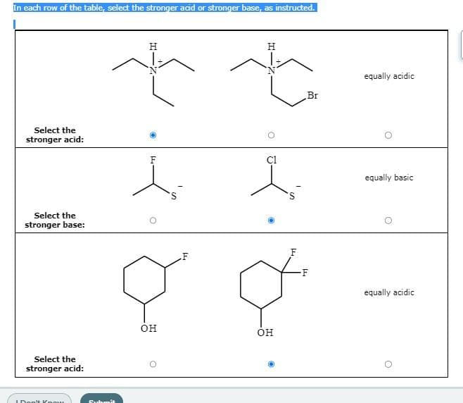 In each row of the table, select the stronger acid or stronger base, as instructed.
H
H
equally acidic
Br
Select the
stronger acid:
F
Ci
equally basic
Select the
stronger base:
F
.F
-F
equally acidic
он
он
Select the
stronger acid:
Submit
