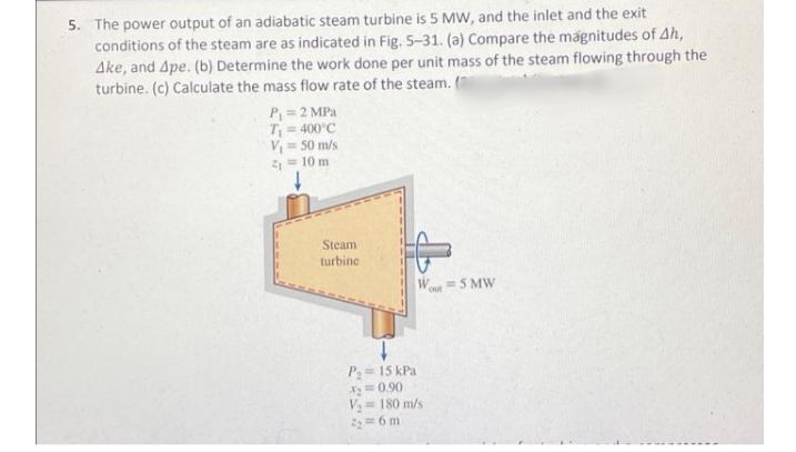 5. The power output of an adiabatic steam turbine is 5 MW, and the inlet and the exit
conditions of the steam are as indicated in Fig. 5-31. (a) Compare the magnitudes of Ah,
Ake, and Ape. (b) Determine the work done per unit mass of the steam flowing through the
turbine. (c) Calculate the mass flow rate of the steam. (
P = 2 MPa
T = 400°C
V = 50 m/s
4= 10 m
Steam
turbine
out
=5 MW
P= 15 kPa
2=0.90
V,= 180 m/s
22= 6 m
