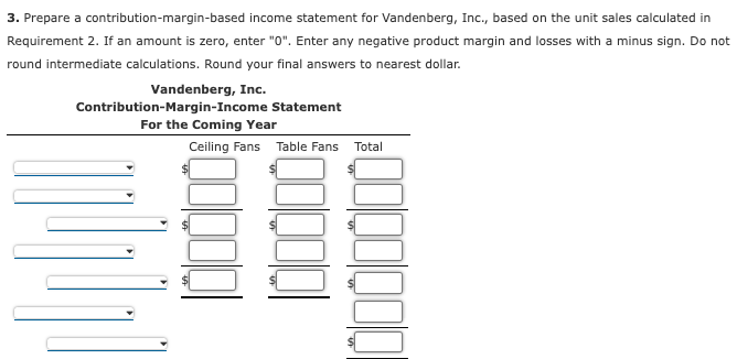 3. Prepare a contribution-margin-based income statement for Vandenberg, Inc., based on the unit sales calculated in
Requirement 2. If an amount is zero, enter "0". Enter any negative product margin and losses with a minus sign. Do not
round intermediate calculations. Round your final answers to nearest dollar.
Vandenberg, Inc.
Contribution-Margin-Income Statement
For the Coming Year
Ceiling Fans
Table Fans
Total
