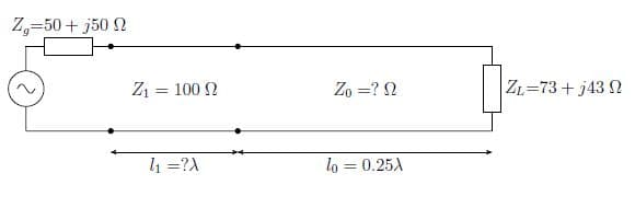 Z,=50+ j50 2
Z1 = 100 N
Zo =? N
ZL=73 + j43 N
l1 =?A
lo = 0.25A
