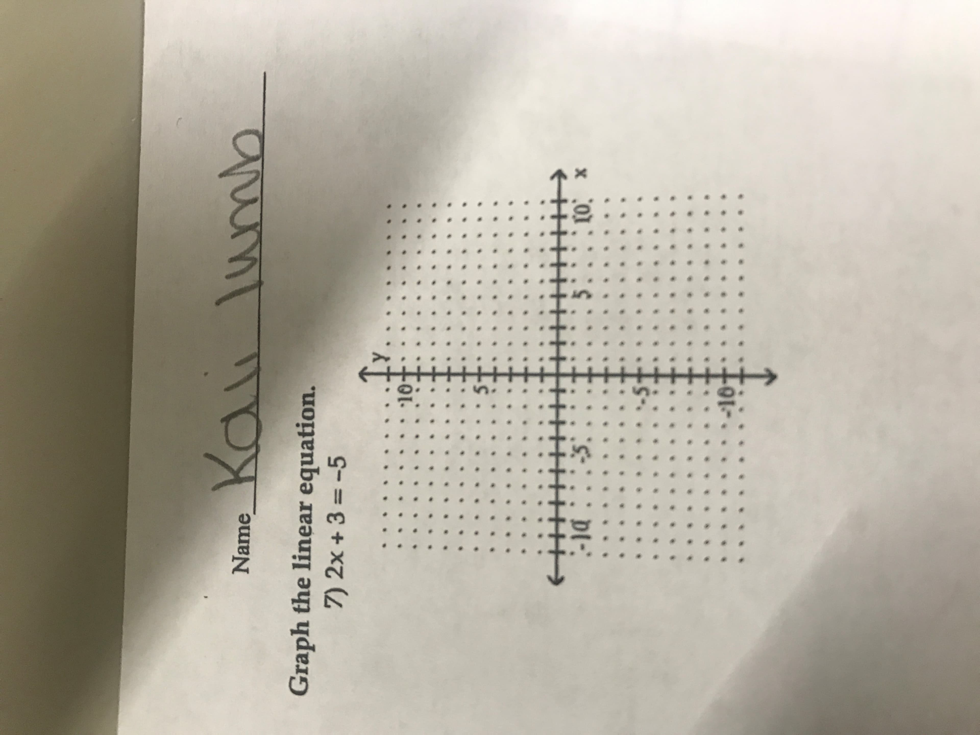 Kai Tumlo
Name
Graph the linear equation.
7) 2x +3= -5
x 01
