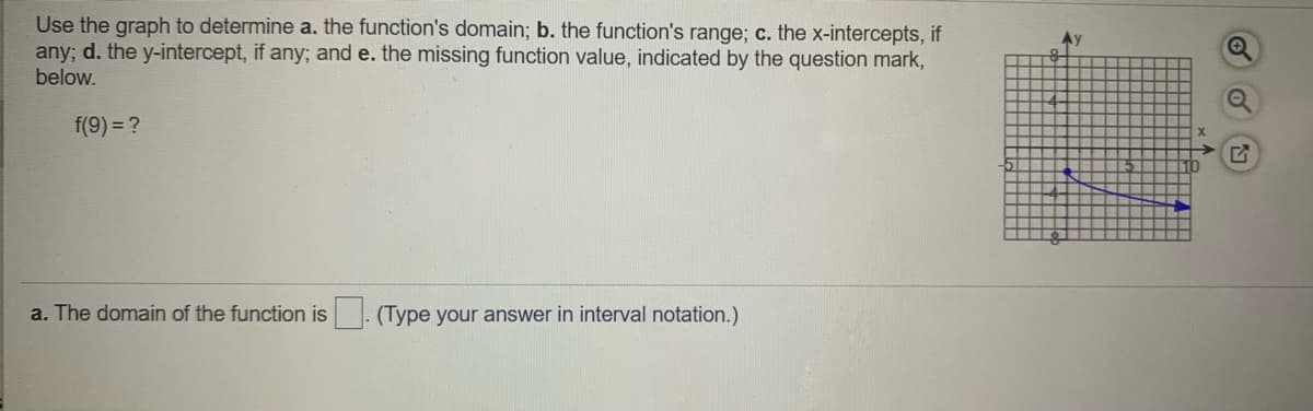 ### Exercise: Understanding Functions through Graphs

#### Instructions:
Use the graph to determine the following aspects of the function:  
a. The function's domain;  
b. The function's range;  
c. The x-intercepts (if any);  
d. The y-intercept (if any); and  
e. The missing function value, indicated by the question mark below.

Given:
\[ f(9) = ? \]

#### Observations from the provided graph:
The graph is plotted with the x-axis ranging from -5 to 10 and the y-axis ranging from -5 to 9. A curve starts approximately at the point (-4, 5) and extends to around (9, -3).

**Graph Details:**
- The x-axis is labeled "x".
- The y-axis is labeled "y".
- The curve is moving downward from left to right.

### Questions:
a. The domain of the function is **[Type your answer in interval notation]**.
