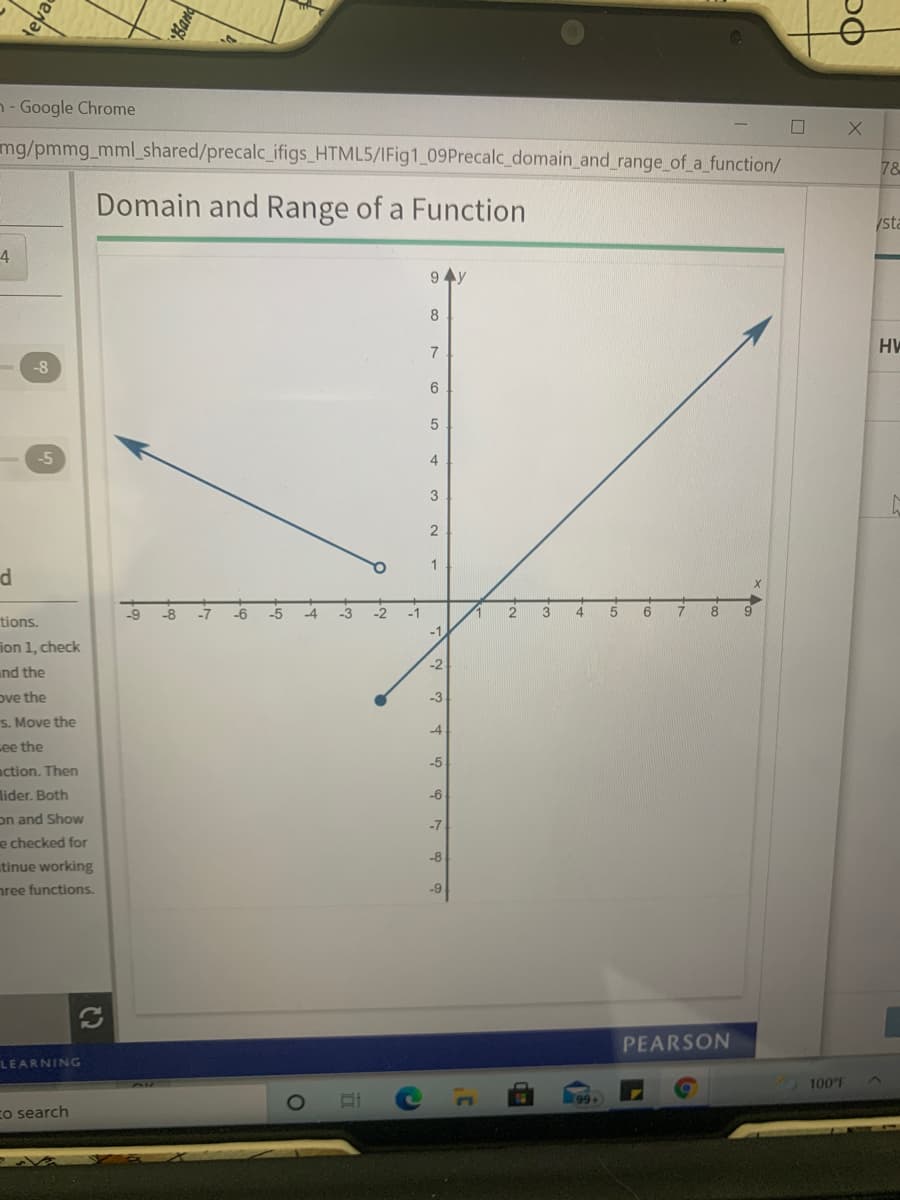 ### Domain and Range of a Function

This image illustrates the domain and range of a function using a graph. Below is a detailed explanation of the graph presented.

#### Graph Description

1. **Axes**:
   - The horizontal axis (x-axis) ranges from -9 to 9.
   - The vertical axis (y-axis) ranges from -9 to 9.

2. **Function Representation**:
   - The graph displays a continuous function with two distinct parts:
     - A line with a negative slope on the left side of the y-axis that extends from the point (-4, 1) downwards through the origin and continues indefinitely towards (-∞,-∞).
     - A line with a positive slope on the right side of the y-axis starting from the point (1, -3) upwards, continuing indefinitely towards (∞,∞).

3. **Key Points**:
   - An important aspect of the graph is that the function is divided into two sections, one in the negative and the other in the positive x-axis territory.

4. **Visual Elements**:
   - Arrows at the endpoints of each part of the function indicate that the function continues indefinitely in those directions.

This graph helps illustrate the concept of the domain and range for a given function, providing a visual aid to understand which x-values (domain) and y-values (range) are covered by the function. The continuous nature of the lines suggests that all real numbers within the specified range are included in both the domain and range of this function. 

#### Interactive Elements

On the left side of the graph, there are controls provided for educational interaction:
- There is a slider to adjust and visualize the function, along with some instructional text guiding users on how to manipulate the graph for a better understanding of the domain and range concepts.