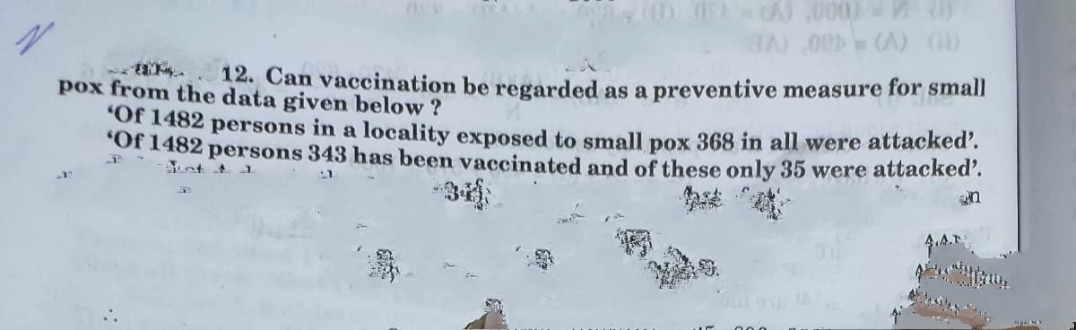 BA) 00 (A) 0)
pox from the data given below ?
12. Can vaccination be regarded as a preventive measure for small
O 182 persons in a locality exposed to small pox 368 in all were attacked'.
"Of 1482 persons 343 has been vaccinated and of these only 35 were attacked.
