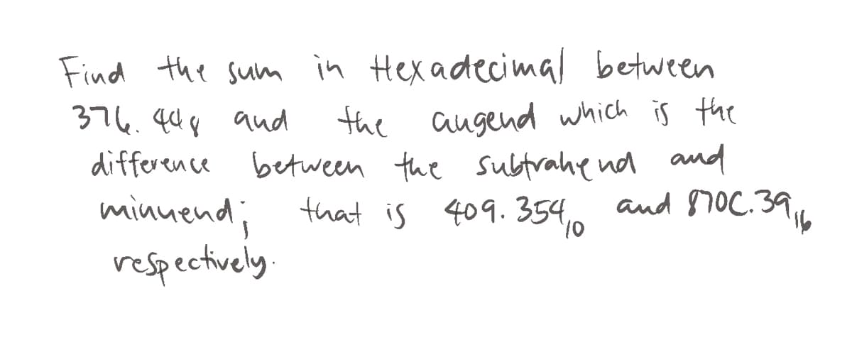 Find the sum in Hexadecimal between
augend which is the
376.44¢ aud
difference between the subtrahe nd and
minuend; that is 409.354,0
respectively.
the
and 870C.391h
