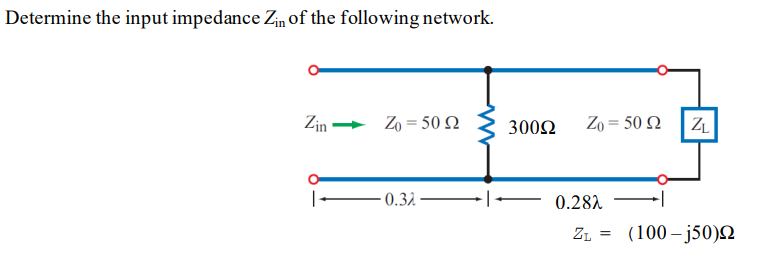 Determine the input impedance Zin of the following network.
Zin•
Zo = 50 N
3002
Zo = 50 Q
-0.32 ·
0.282 -
ZL = (100-j50)N
