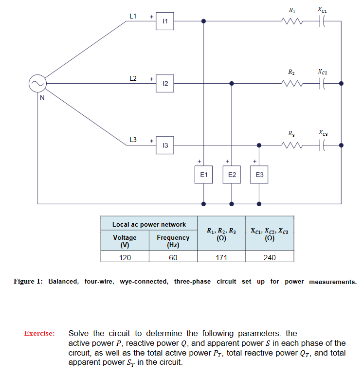 N
L1
+
L2 +
L3 +
=
11
12
13
Local ac power network
Voltage
(V)
Frequency
(Hz)
120
60
+
E1
E2
R₁, R₂, R3
(Q)
171
E3
240
R₁
XC1, XC2, XC3
(2)
R₂
mt
R₂
Xc₁
Exercise: Solve the circuit to determine the following parameters: the
Xcz
Xca
Figure 1: Balanced, four-wire, wye-connected, three-phase circuit set up for power measurements.
active power P, reactive power Q, and apparent power S in each phase of the
circuit, as well as the total active power PT, total reactive power QT, and total
apparent power ST in the circuit.