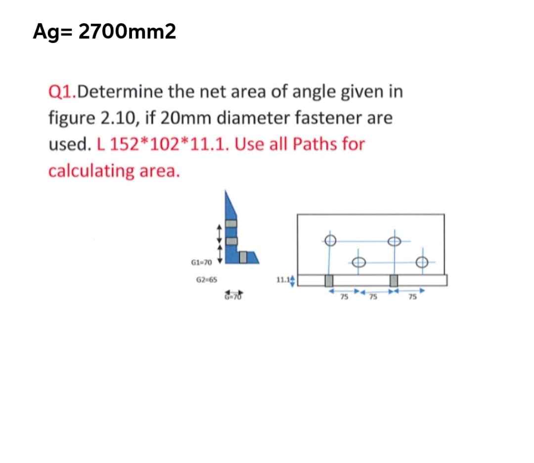 Ag= 2700mm2
Q1.Determine the net area of angle given in
figure 2.10, if 20mm diameter fastener are
used. L 152*102*11.1. Use all Paths for
calculating area.
G1-70
G2=65
11.14
75
75
75
