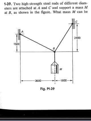 1-39. Two high-strength steel rods of different diam-
eters are attached at A and C and support a mass M
at B, as shown in the figure. What mass M can be
XX
1500
3600-
B
Fig. P1-39
-1800-
2400