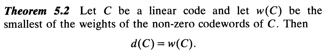 Theorem 5.2 Let C be a linear code and let w(C) be the
smallest of the weights of the non-zero codewords of C. Then
d(C) = w(C).
