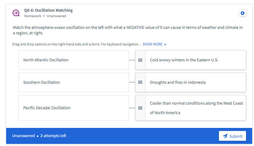 Q8-6: Oscillation Matching
Homework • Unanswered
Match the atmosphere-ocean oscillation on the left with what a NEGATIVE value of it can cause in terms of weather and climate in
a region, at right.
Drag and drop options on the right-hand side and submit. For keyboard navigation. SHOW MORE V
North Atlantic Oscillation
= Cold snowy winters in the Eastern U.S.
Southern Oscillation
Droughts and fires in Indonesia
Cooler than normal conditions along the West Coast
Pacific Decadal Oscillation
of North America
Unanswered • 2 attempts left
A Submit
II
