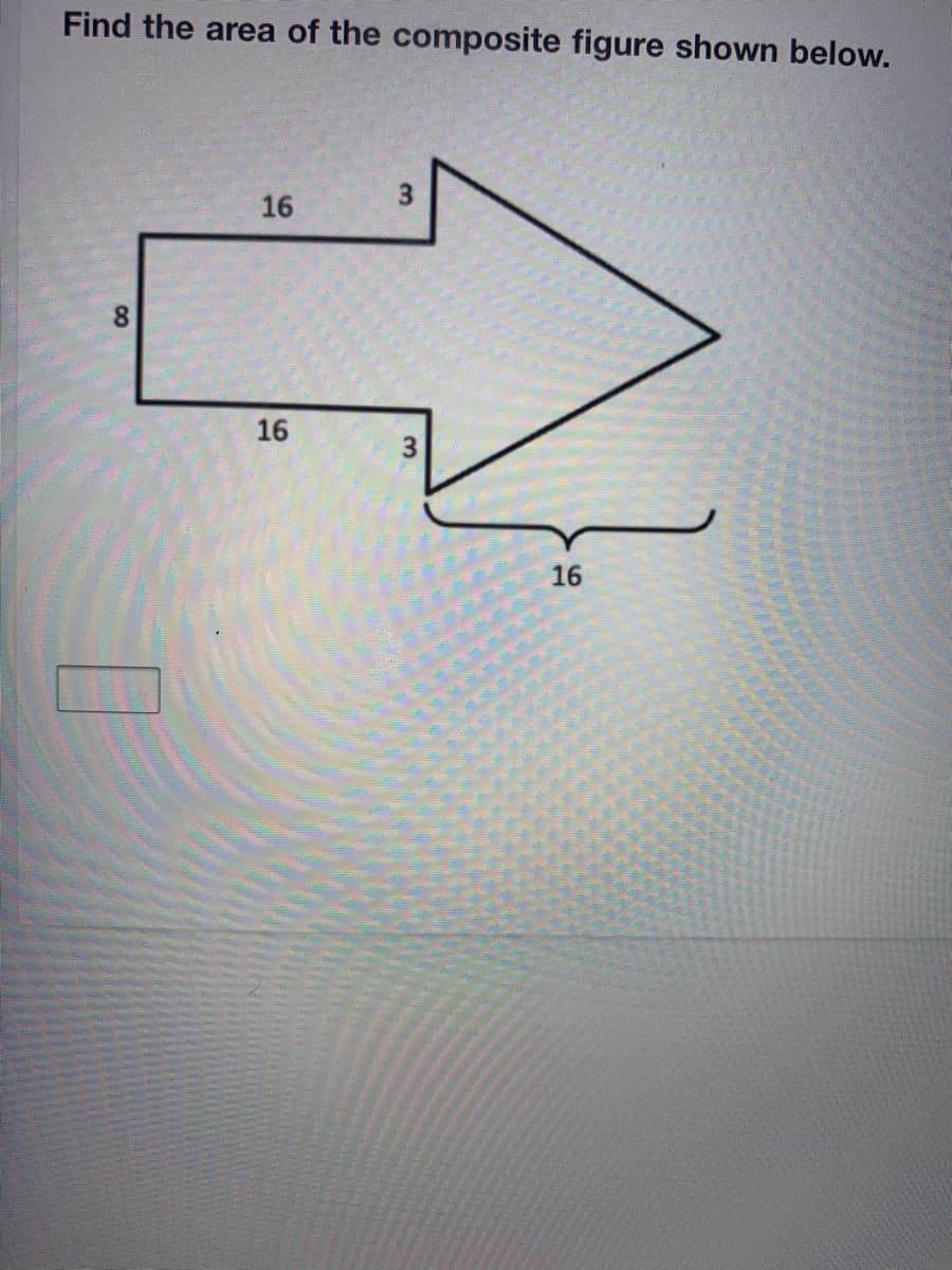 Find the area of the composite figure shown below.
16
8.
16
3.
16
